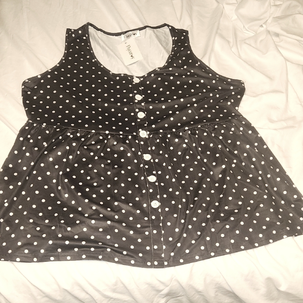 Flycurvy Sleeveless Peplum  Top. Black With White Polka Dots Size 3XL